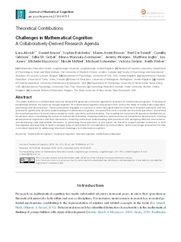 Challenges in mathematical cognition: a collaboratively-derived research agenda Thumbnail