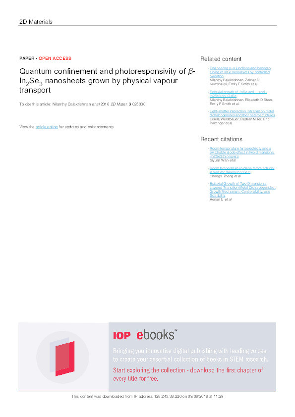 Quantum confinement and photoresponsivity of β-In2Se3 nanosheets grown by physical vapour transport Thumbnail