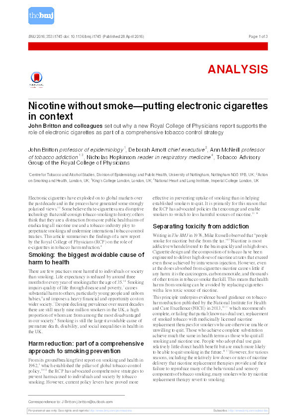 Nicotine without smoke—putting electronic cigarettes in context Thumbnail