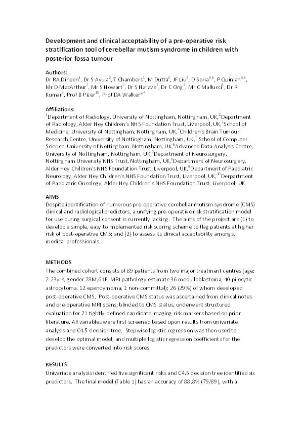 Development and clinical acceptability of a pre-operative risk stratification tool of cerebellar mutism syndrome in children with posterior fossa tumour Thumbnail