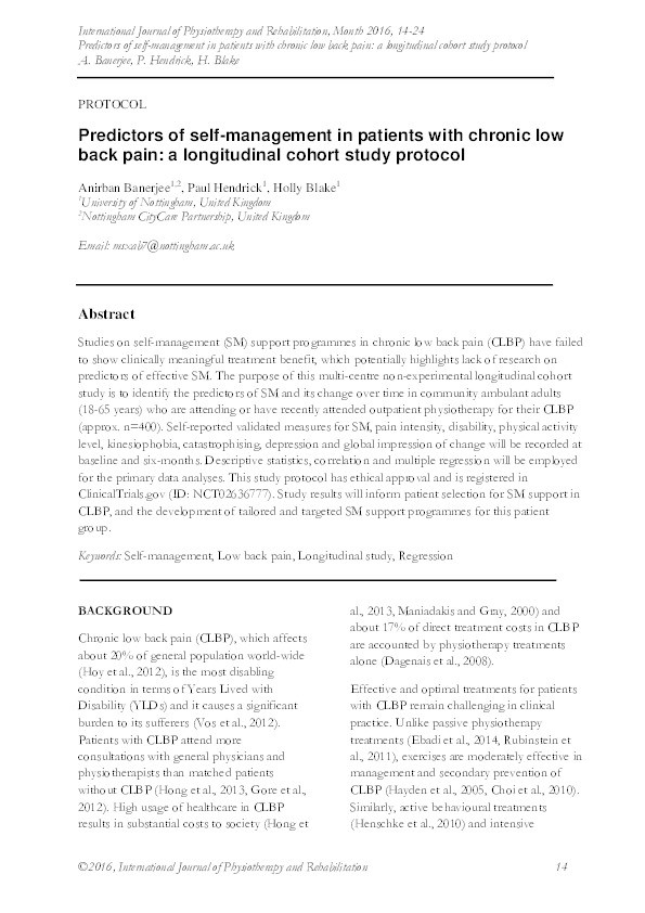 Predictors of self-management in patients with chronic low back pain: a longitudinal cohort study protocol Thumbnail
