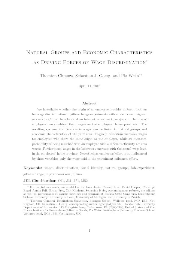 Natural groups and economic characteristics as driving forces of wage discrimination Thumbnail