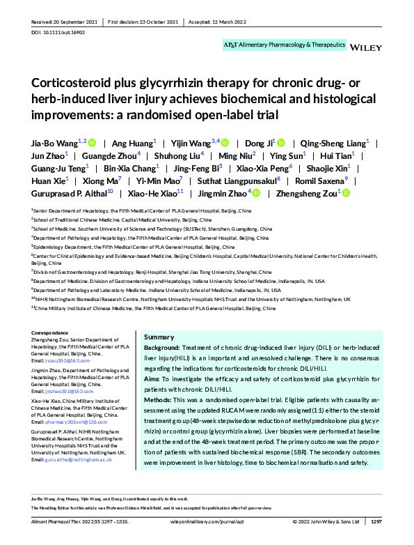 Corticosteroid plus glycyrrhizin therapy for chronic drug‐ or herb‐induced liver injury achieves biochemical and histological improvements: a randomised open‐label trial Thumbnail