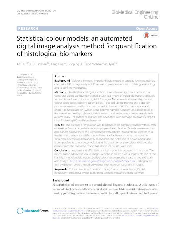 Statistical colour models: an automated digital image analysis method for quantification of histological biomarkers Thumbnail