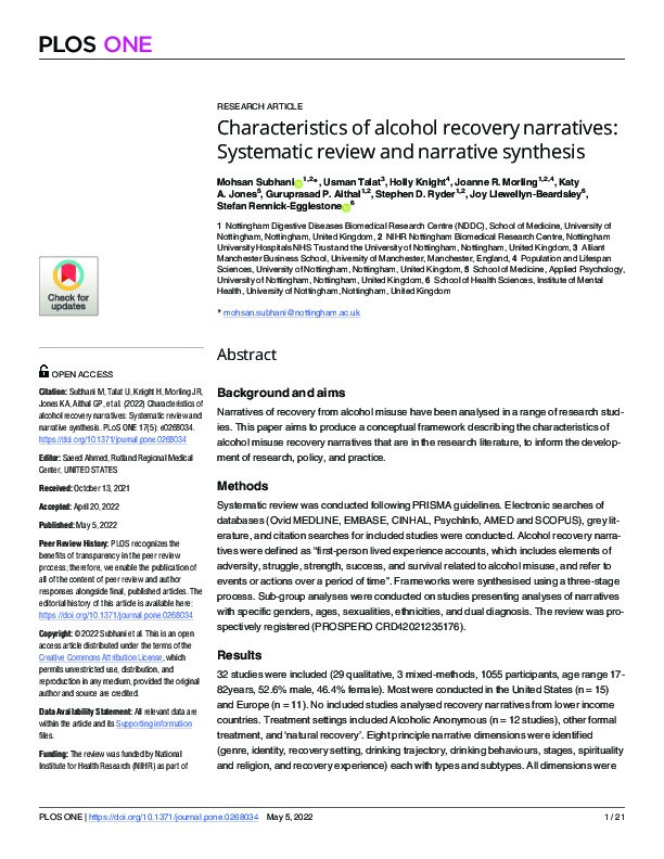 Characteristics of alcohol recovery narratives: Systematic review and narrative synthesis Thumbnail