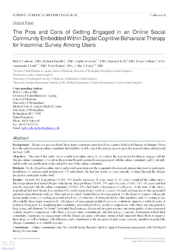 The Pros and Cons of Getting Engaged in an Online Social Community Embedded Within Digital Cognitive Behavioral Therapy for Insomnia: Survey Among Users Thumbnail