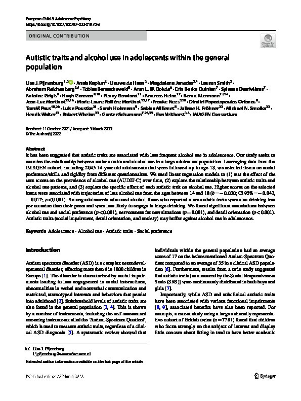 Autistic traits and alcohol use in adolescents within the general population Thumbnail