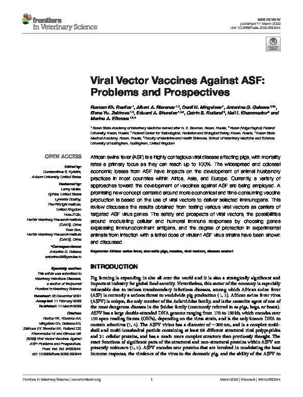 Viral Vector Vaccines Against ASF: Problems and Prospectives Thumbnail
