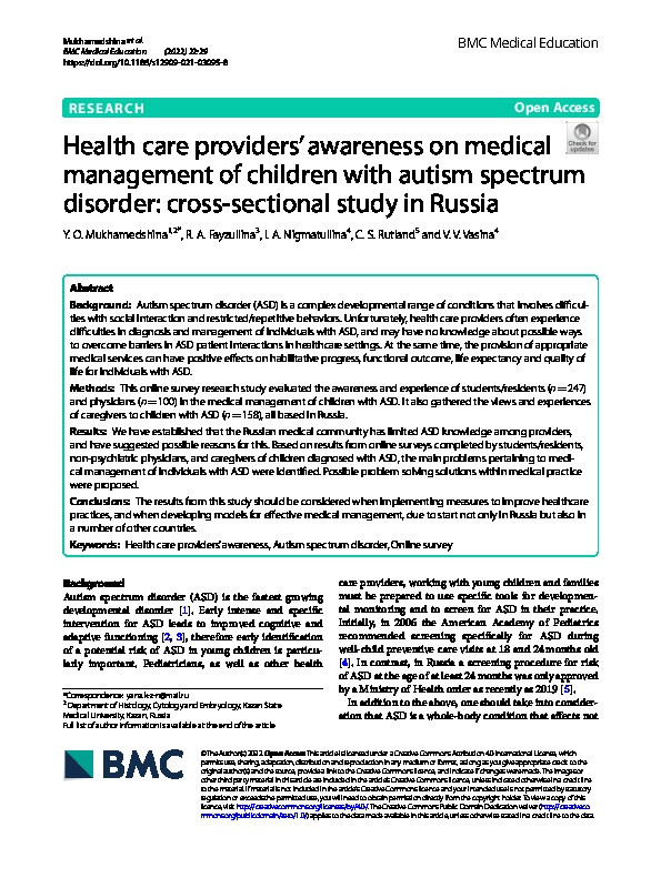 Health care providers’ awareness on medical management of children with autism spectrum disorder: cross-sectional study in Russia Thumbnail