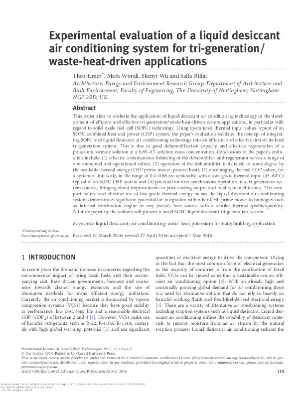 Experimental evaluation of a liquid desiccant air conditioning system for tri-generation / waste heat driven applications Thumbnail