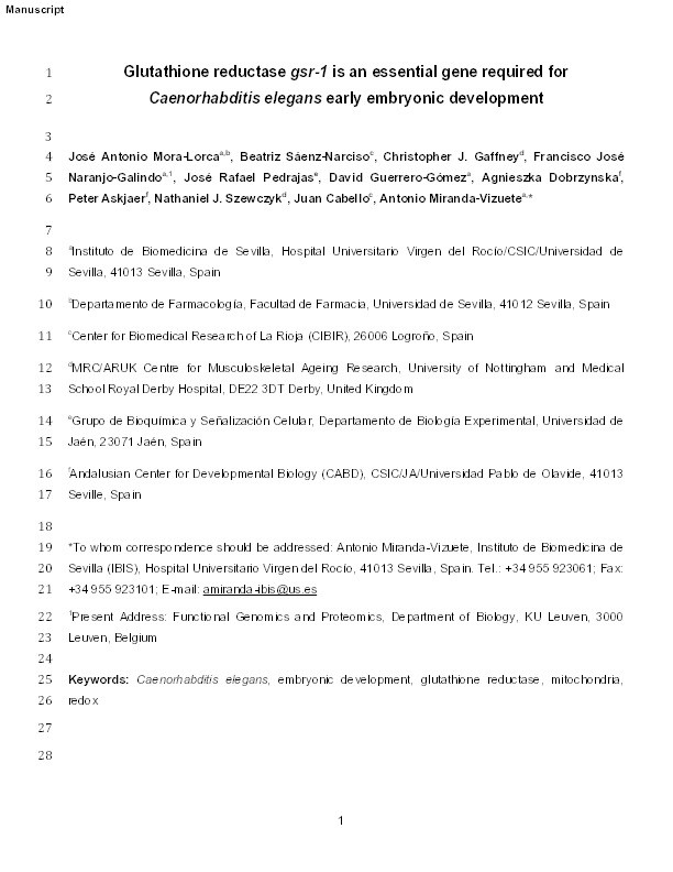 Glutathione reductase gsr-1 is an essential gene required for Caenorhabditis elegans early embryonic development Thumbnail