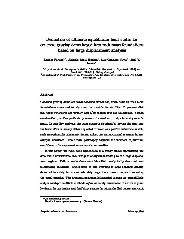 Deduction of ultimate equilibrium limit states for concrete gravity dams keyed into rock mass foundations based on large displacement analysis Thumbnail