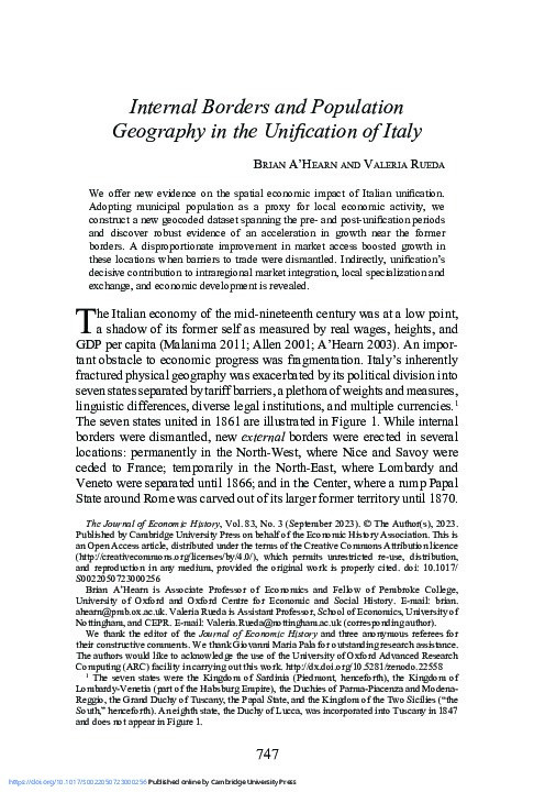 Internal Borders and Population Geography in the Unification of Italy Thumbnail