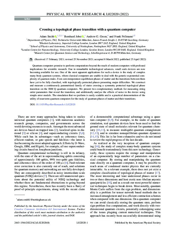 Crossing a topological phase transition with a quantum computer Thumbnail