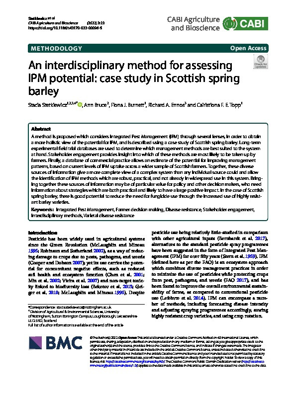 An interdisciplinary method for assessing IPM potential: case study in Scottish spring barley Thumbnail