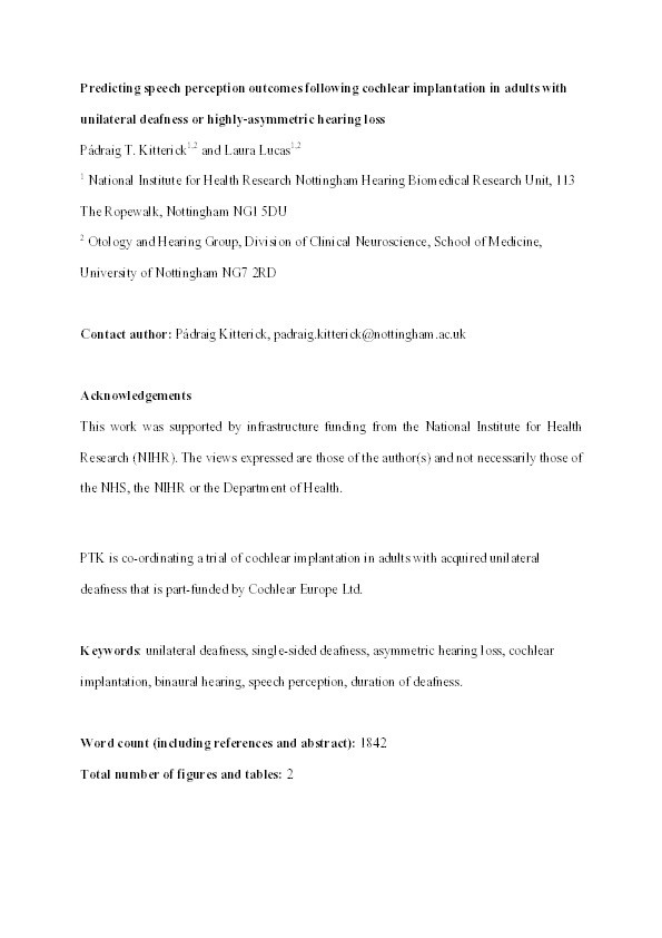 Predicting speech perception outcomes following cochlear implantation in adults with unilateral deafness or highly asymmetric hearing loss Thumbnail