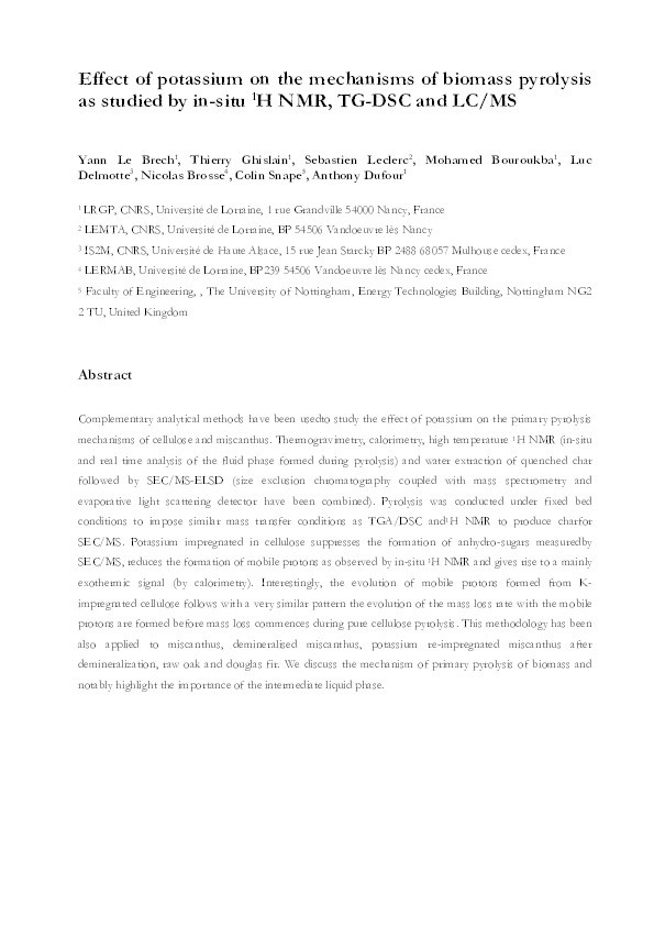 Effect of Potassium on the Mechanisms of Biomass Pyrolysis Studied using Complementary Analytical Techniques Thumbnail