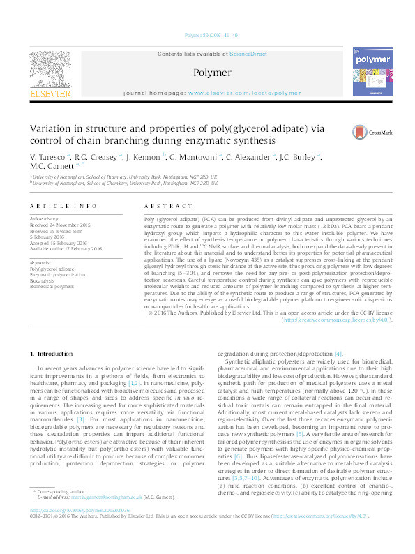 Variation in structure and properties of poly(glycerol adipate) via control of chain branching during enzymatic synthesis Thumbnail