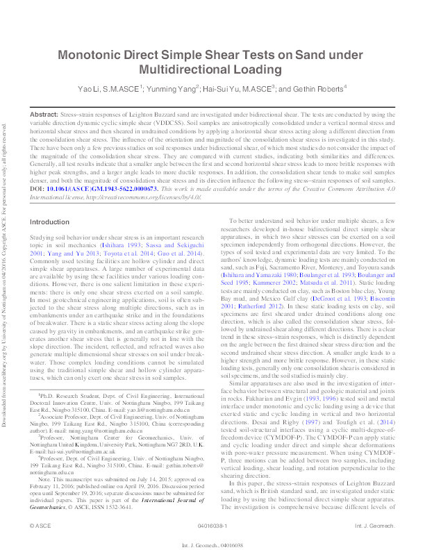 Monotonic direct simple shear tests on sand under multidirectional loading Thumbnail