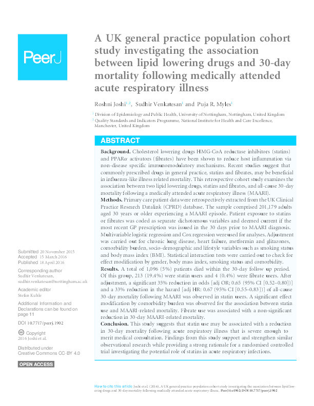 A UK general practice population cohort study investigating the association between lipid lowering drugs and 30-day mortality following medically attended acute respiratory illness Thumbnail
