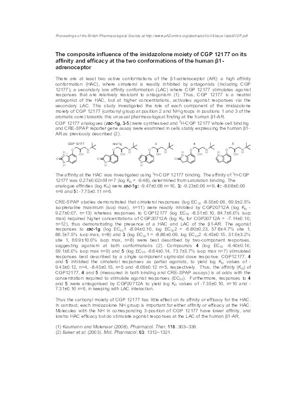 The composite influence of the imidazolone moiety of CGP 12177 on its affinity and efficacy at the two conformations of the human β1-adrenoceptor Thumbnail