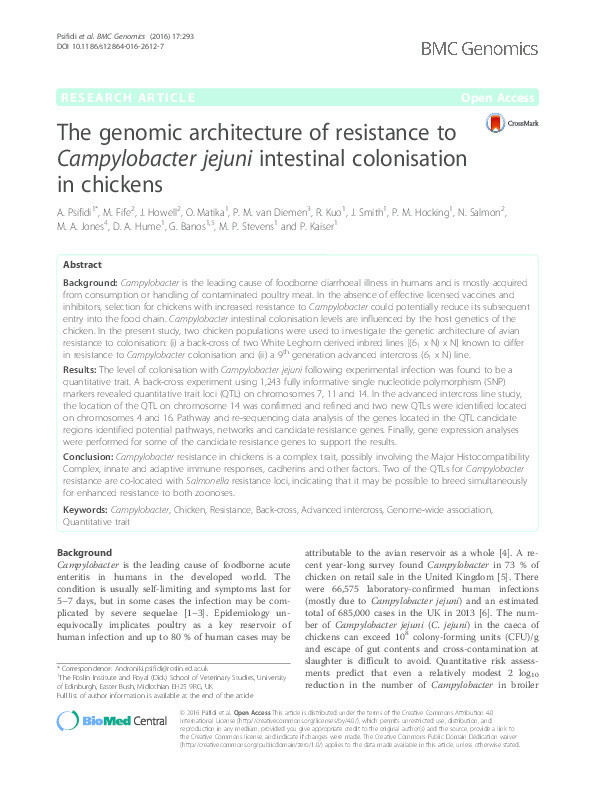 The genomic architecture of resistance to Campylobacter jejuni intestinal colonisation in chickens Thumbnail