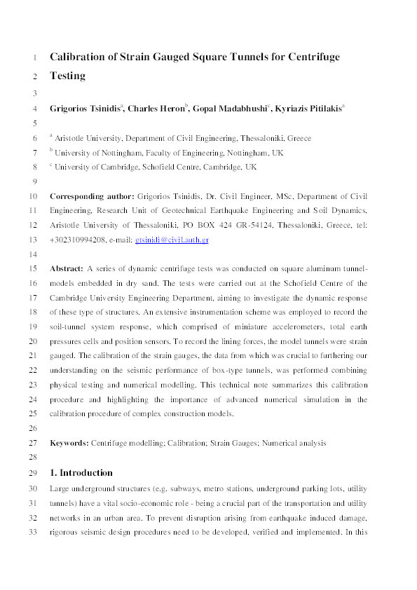 Calibration of strain gauged square tunnels for centrifuge testing Thumbnail