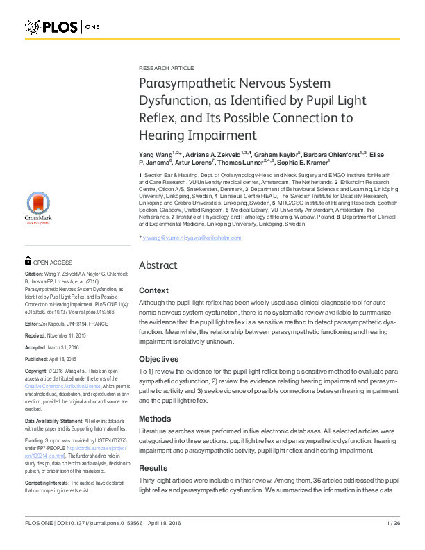 Parasympathetic nervous system dysfunction, as identified by pupil light reflex, and its possible connection to hearing impairment Thumbnail