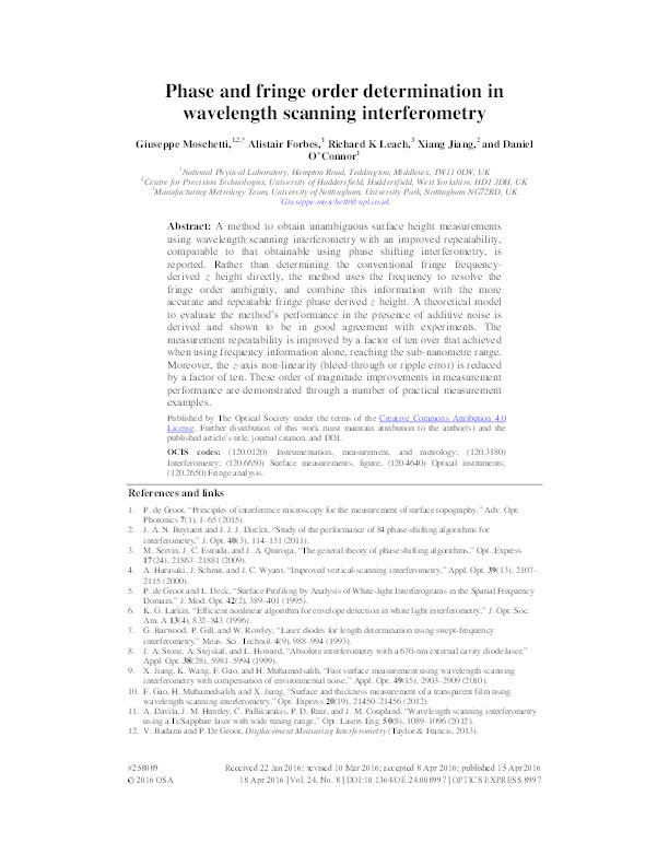 Phase and fringe order determination in wavelength scanning interferometry Thumbnail