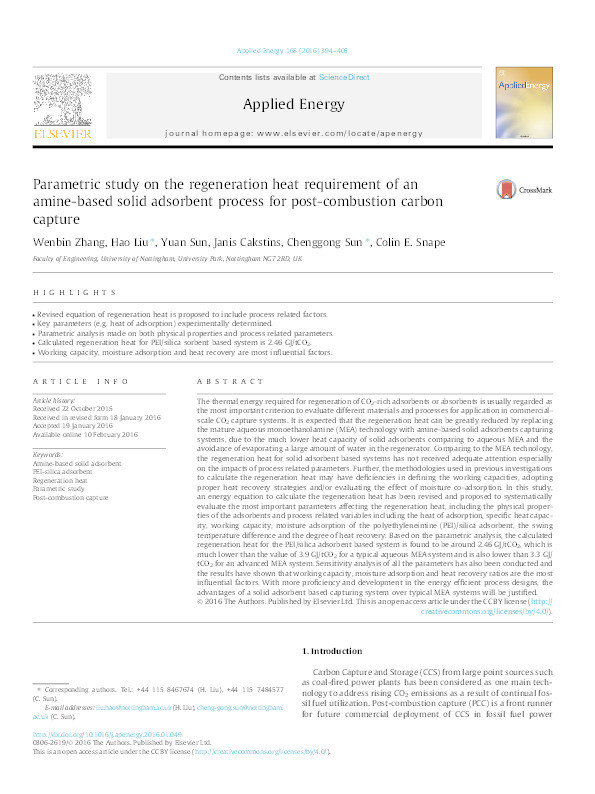 Parametric study on the regeneration heat requirement of an amine-based solid adsorbent process for post-combustion carbon capture Thumbnail