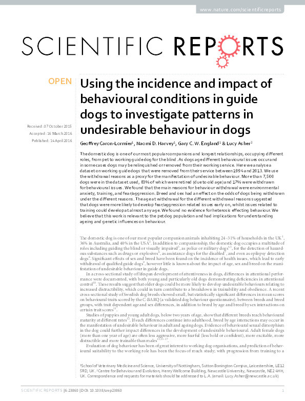 Using the incidence and impact of behavioural conditions in guide dogs to investigate patterns in undesirable behaviour in dogs Thumbnail
