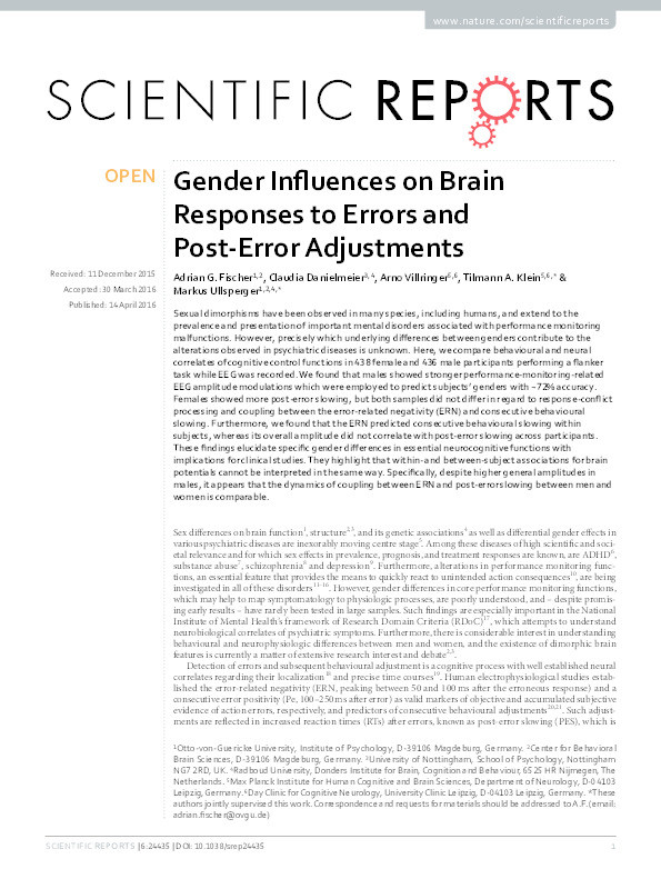 Gender influences on brain responses to errors and post-error adjustments Thumbnail