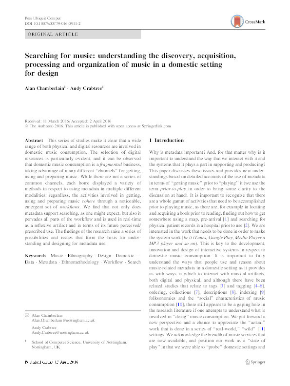 Searching for music: understanding the discovery, acquisition, processing and organization of music in a domestic setting for design Thumbnail