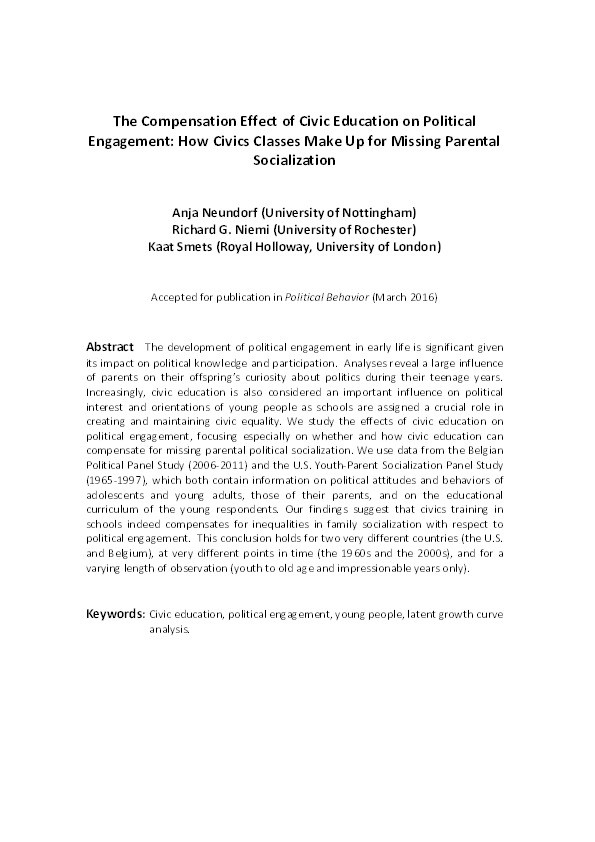 The Compensation Effect of Civic Education on Political Engagement: How Civics Classes Make Up for Missing Parental Socialization Thumbnail