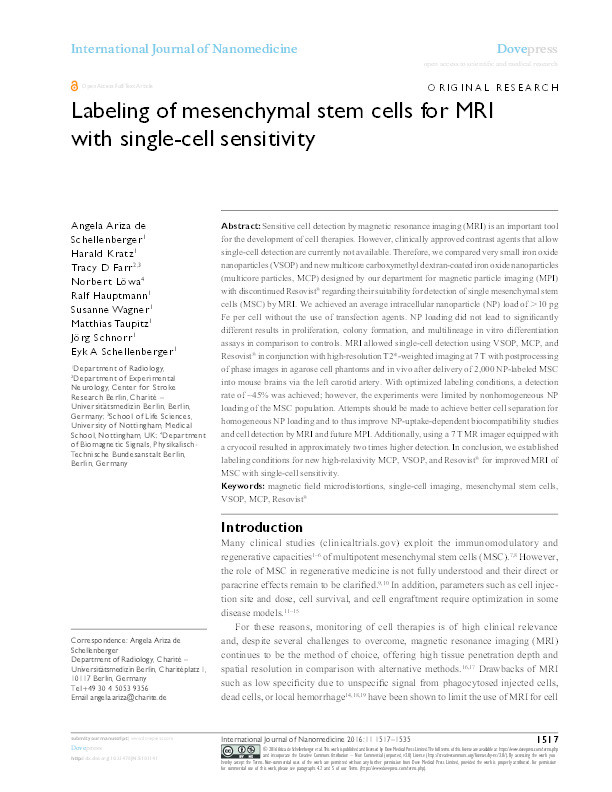 Labeling of mesenchymal stem cells for MRI with single-cell sensitivity Thumbnail