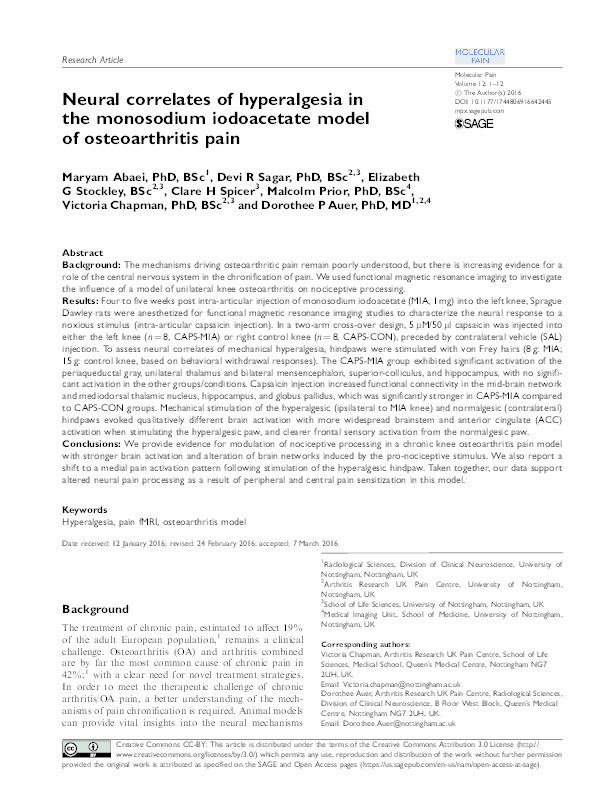 Neural correlates of hyperalgesia in the monosodium iodoacetate model of osteoarthritis pain Thumbnail