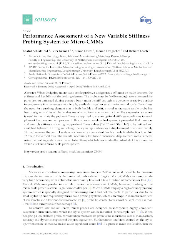 Performance assessment of a new variable stiffness probing system for micro-CMMs Thumbnail