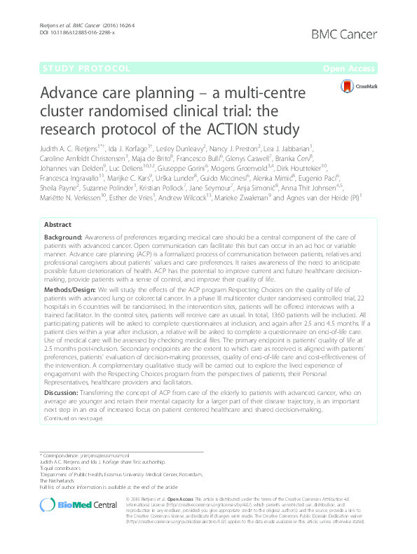 Advance care planning, a multi-centre cluster randomised clinical trial: the research protocol of the ACTION study Thumbnail