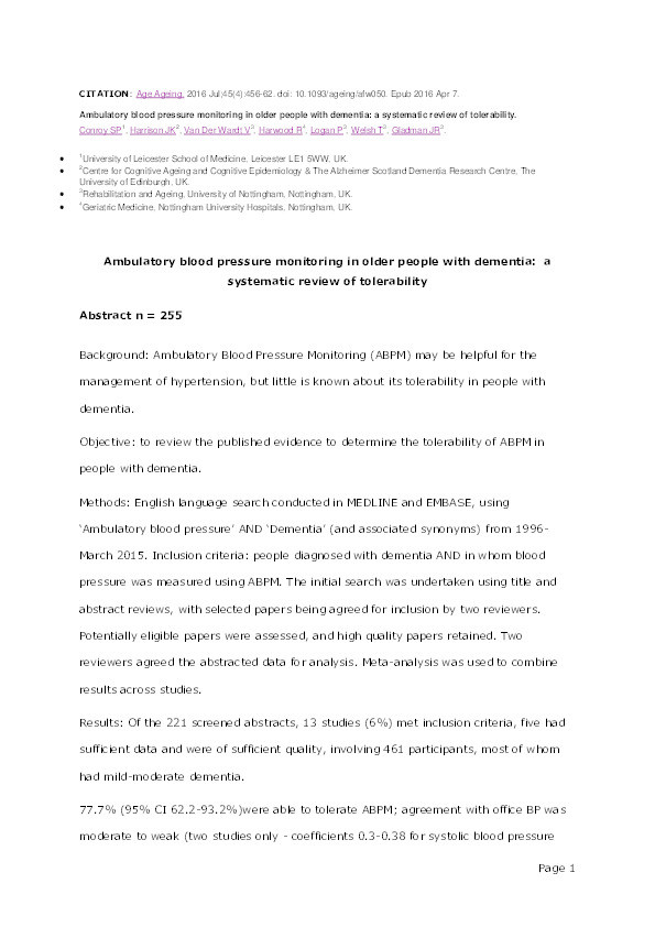 Ambulatory blood pressure monitoring in older people with dementia: a systematic review of tolerability Thumbnail