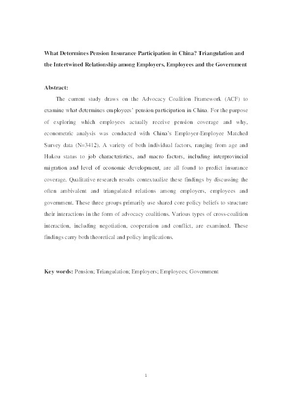What determines pension insurance participation in China?: triangulation and the intertwined relationship among employers, employees and the government Thumbnail
