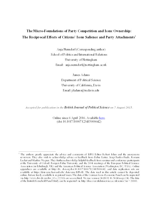 The micro-foundations of party competition and issue ownership: the reciprocal effects of citizens’ issue salience and party attachments Thumbnail