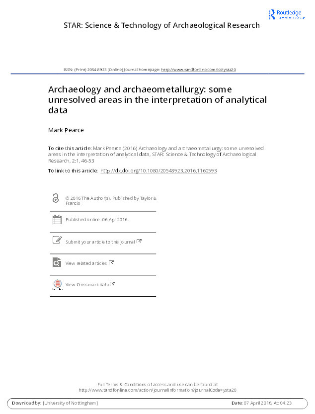 Archaeology and archaeometallurgy: some unresolved areas in the interpretation of analytical data Thumbnail