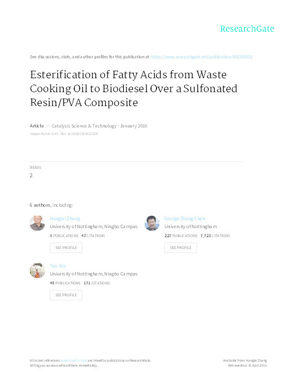 Esterification of fatty acids from waste cooking oil to biodiesel over a sulfonated resin/PVA composite Thumbnail