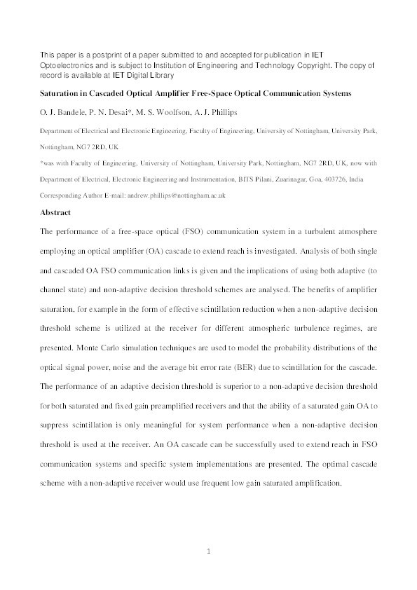 Saturation in cascaded optical amplifier free-space optical communication systems Thumbnail