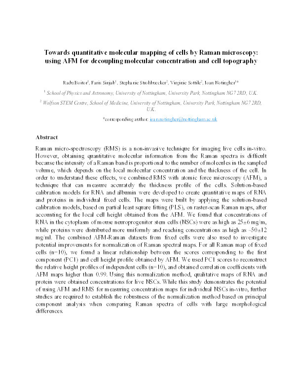 Towards quantitative molecular mapping of cells by Raman microscopy: using AFM for decoupling molecular concentration and cell topography Thumbnail