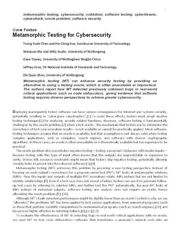 Metamorphic testing for cybersecurity Thumbnail