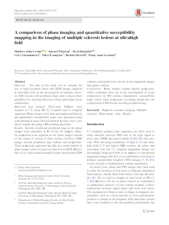 A comparison of phase imaging and quantitative susceptibility mapping in the imaging of multiple sclerosis lesions at ultrahigh field Thumbnail