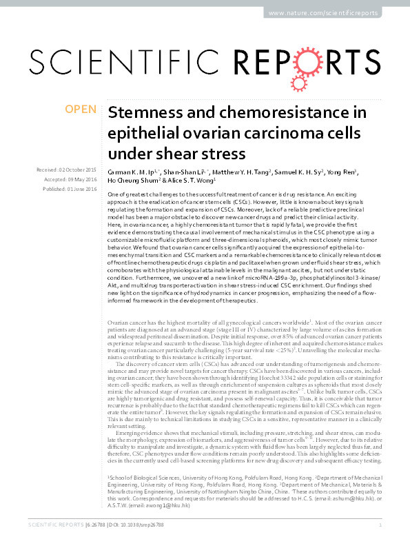 Stemness and chemoresistance in epithelial ovarian carcinoma cells under shear stress Thumbnail