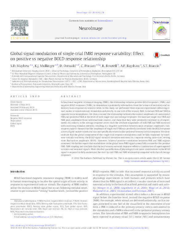 Global signal modulation of single-trial fMRI response variability: effect on positive vs negative BOLD response relationship Thumbnail