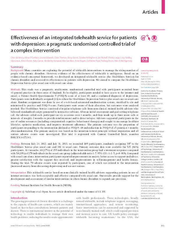 Effectiveness of an integrated telehealth service for patients with depression: a pragmatic randomised controlled trial of a complex intervention Thumbnail